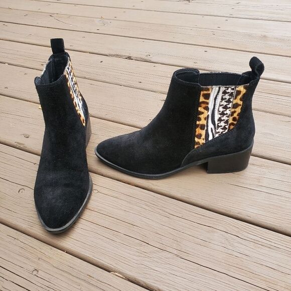 Crown Vintage Tolana Black Suede Leather Animal Print Chelsea Ankle Boots 9 - Picture 1 of 8